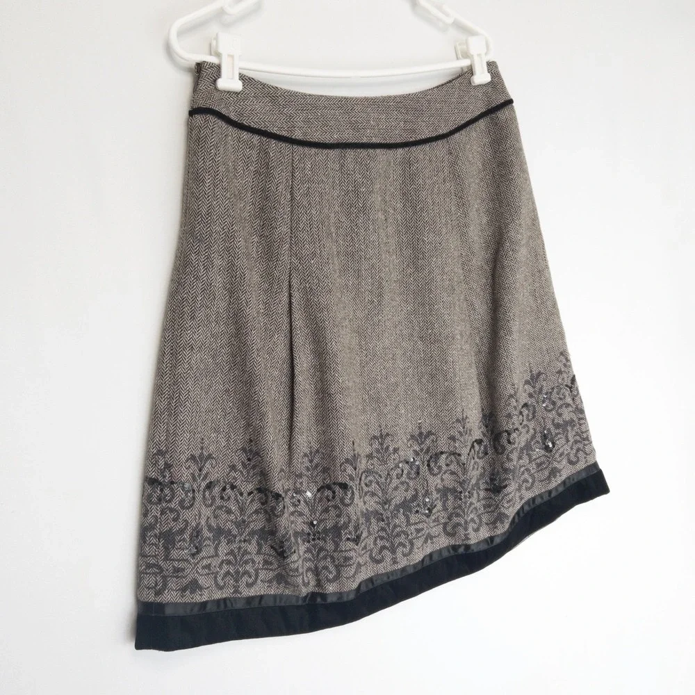 Loft Herringbone Sequins Velvet Trim Wool Blend Embroidered Skirt Womens 10 L - Picture 6 of 16